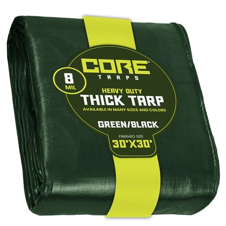 CORE TARPS 30 ft x 0.5 mm H x 30 ft W Heavy Duty 8 Mil Tarp, Green/Black, Polyethylene CT-403-30X30